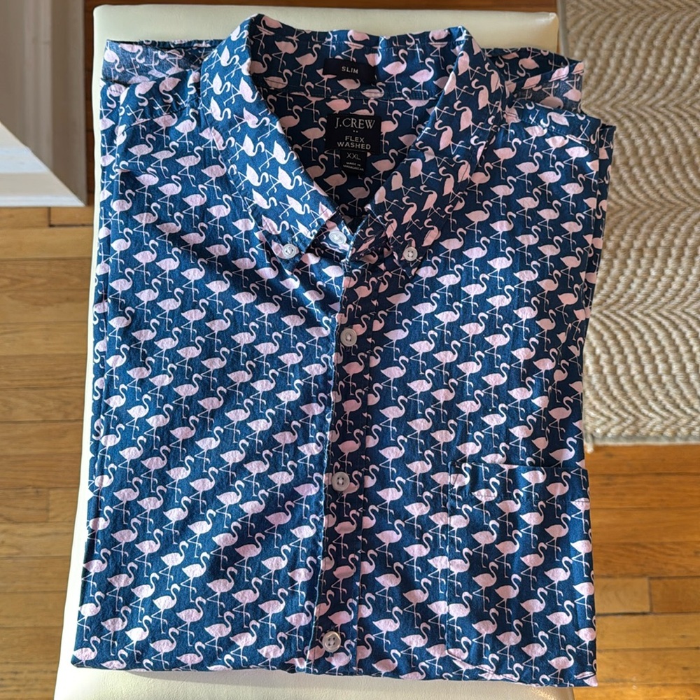 J. Crew short sleeve button down xxl blue with pink flamingos